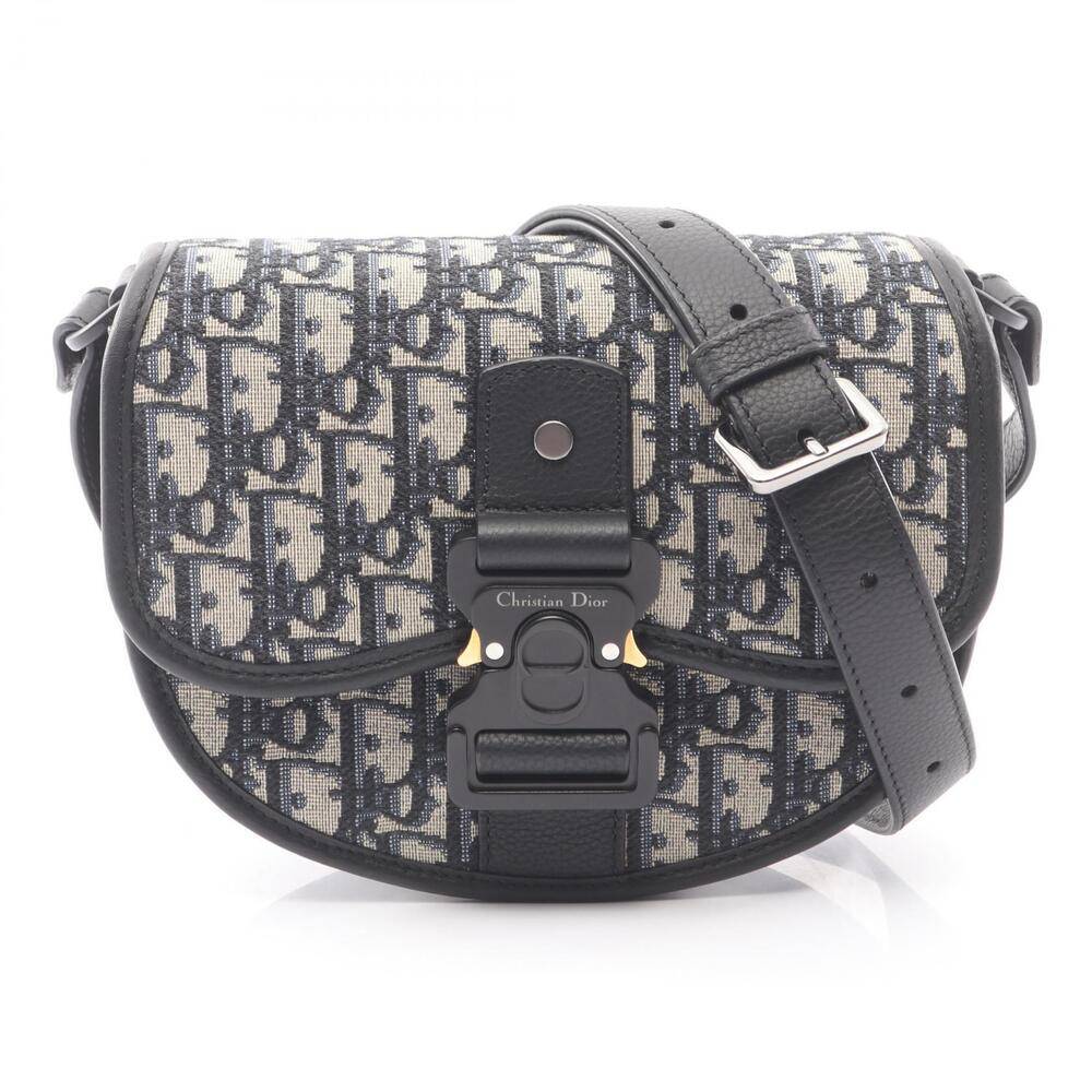 Christian Dior Gallop Oblique Canvas Leather Shoulder Bag Beige Blue